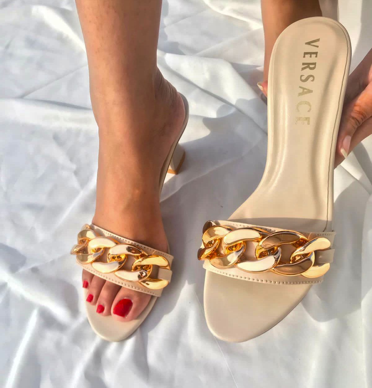 Versace Leather Mules with Gold Chain