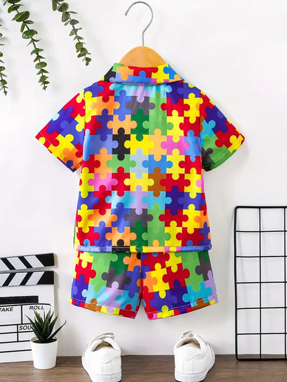 Baby's Cartoon Colorful Puzzle Pattern 2pcs Casual Summer Outfit